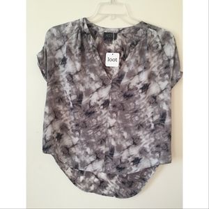 Astr Shirred Short Sleeve Top, Ivory/Grey Multi, S